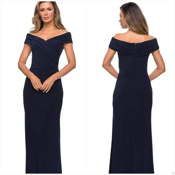La Femme Pleat Ornate Off Shoulder Navy Jersey Dress 27959 - Picture 1 of 5